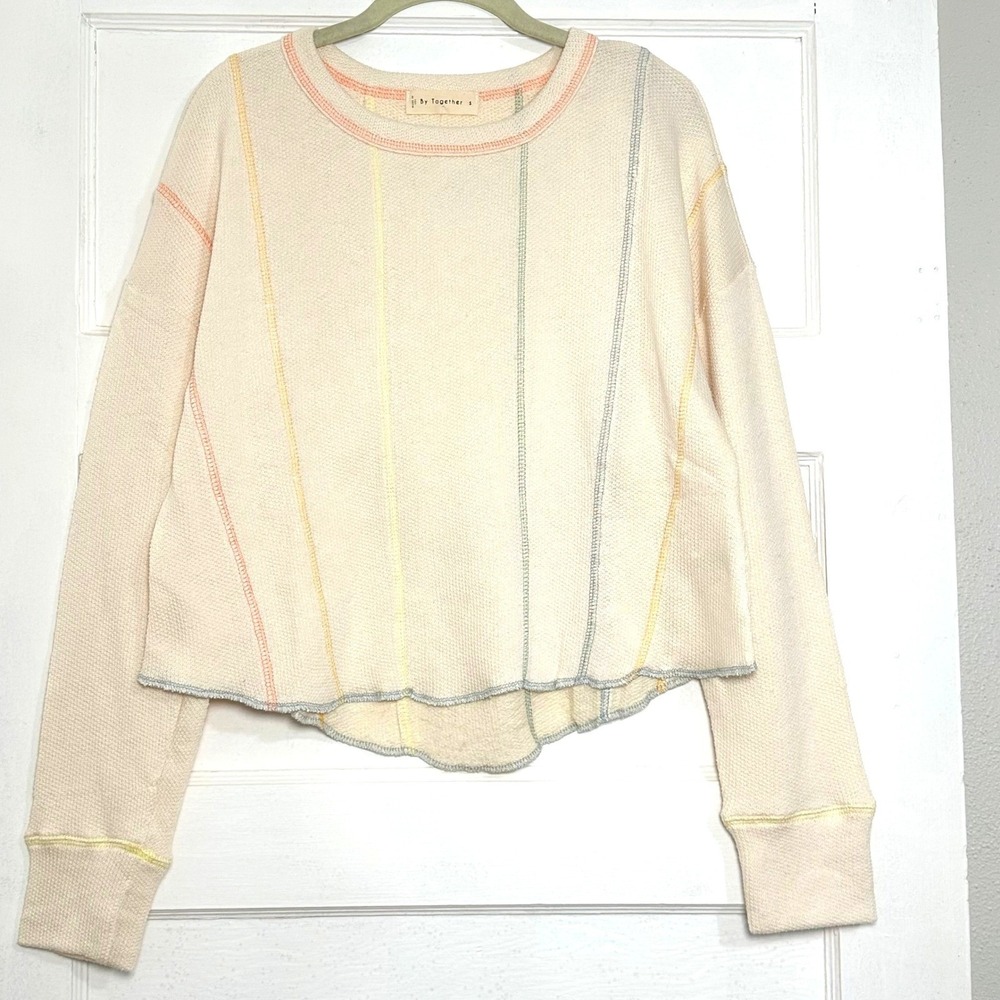 By Together Anthropologie Ivory Waffle Knit Cropped Asymmetric Top Small